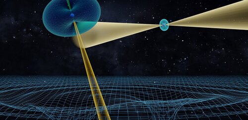 Illustration du système du "pulsar double" formé de deux étoiles à (...)